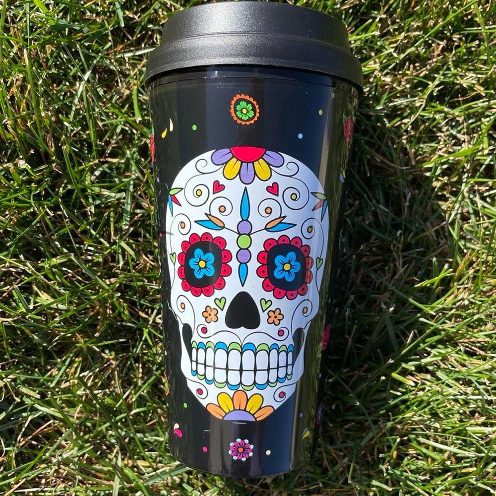 Black Sugar Skull Travel Tumbler - Colorful Floral Day of the Dead Design